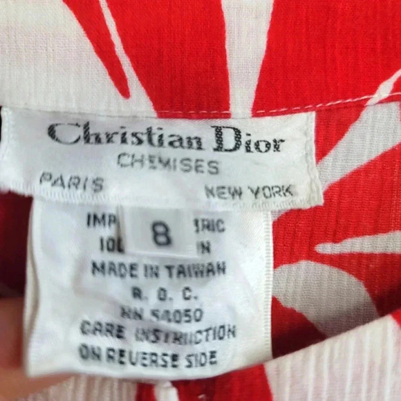 *VINTAGE* CHRISTIAN DIOR CHEMISES 100% Cotton Red & White Palm Print Blouse Sz 8 - Picture 2 of 4